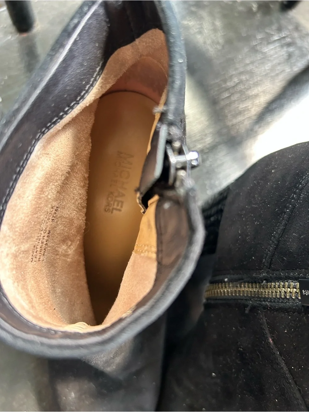 Michael Kors Black Leather Chukka Boots with Gold MK Zipper Charm size 5.5